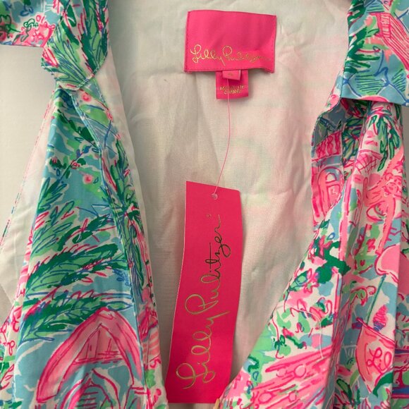 NWT Lilly Pulitzer Trisha Stretch Shirtdress, Bali Blue (Pink and Green), Size 8 - Picture 3 of 6